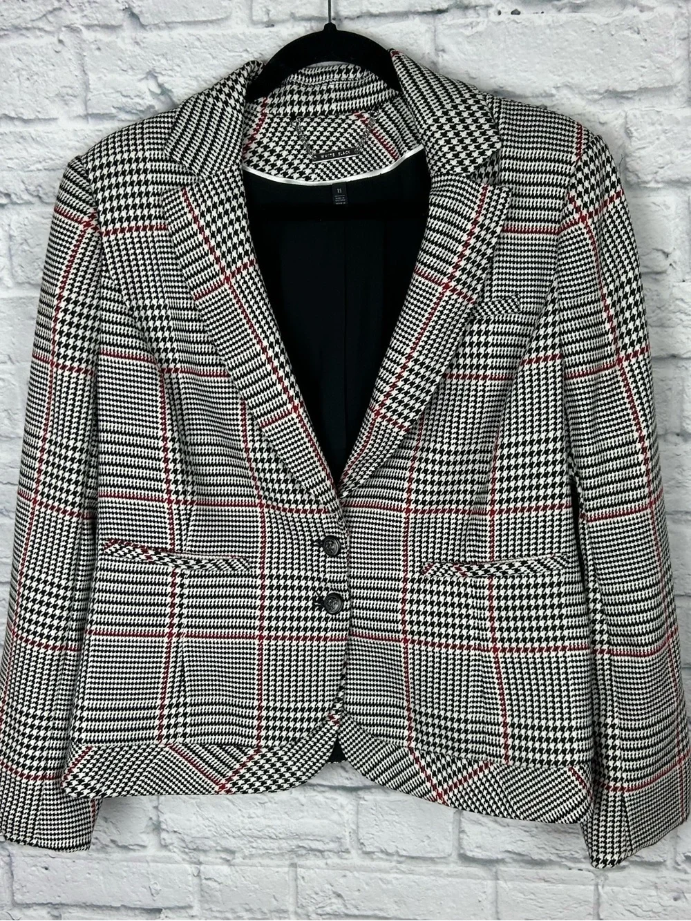 White House Black Market Plaid Houndstooth Blazer Women’s 14 Red Black